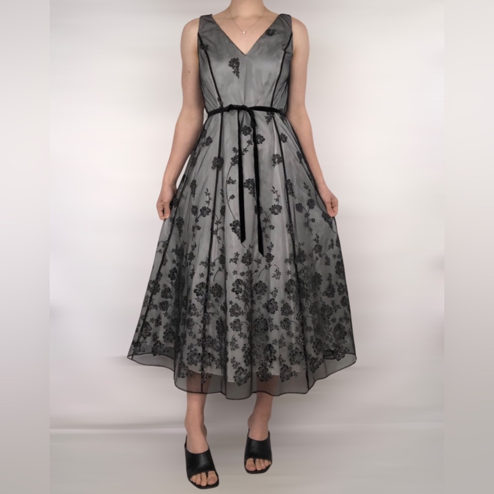 Papell Boutique Evenings Mesh Floral Sleeveless Midi Swing Dress Size 12